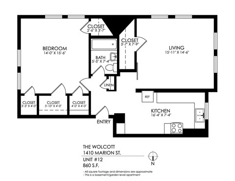 A floor plan of a one bedroom apartment at The Wolcott.